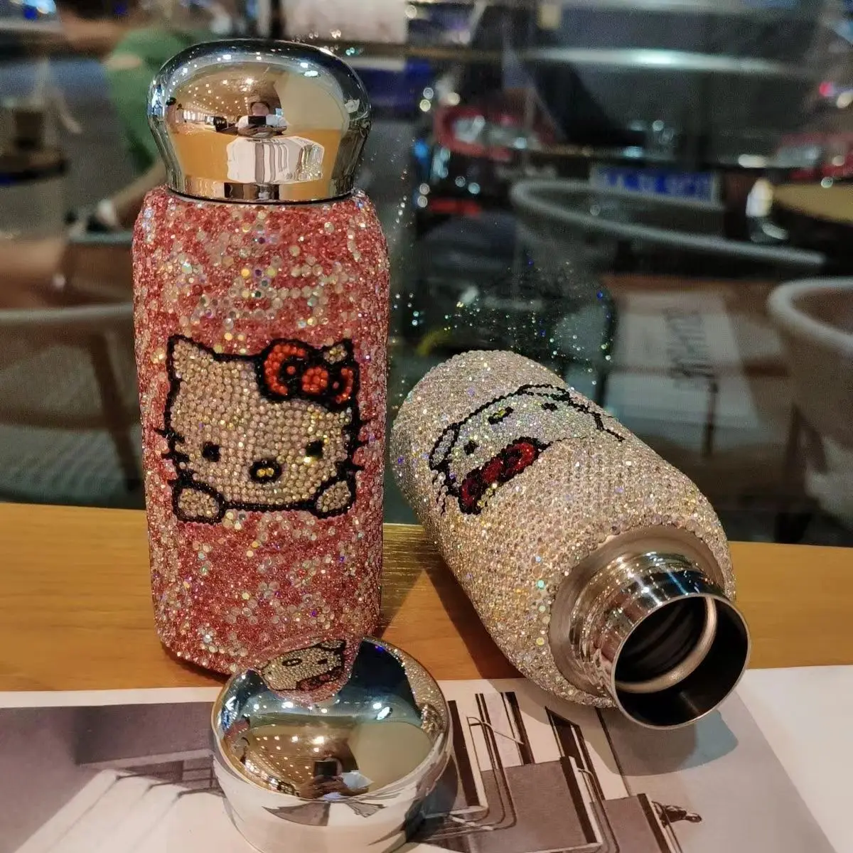 Hello Kitty Kawaii Water Cup Anime Sanrio Thermos Cup Women Diamond Hot Water Cup Children Cute Cartoon Figure Thermos Girl Gift