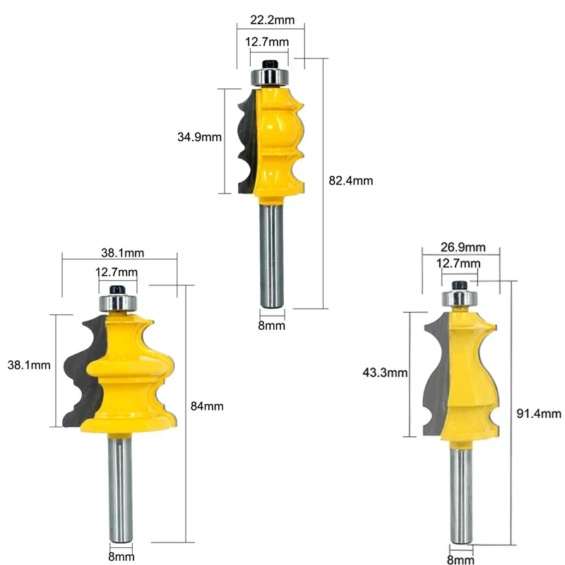 3pc 8mm Shank Special Moulding Handrail Wood Router Bit Woodworking Milling Cutter for Wood Machine Tools