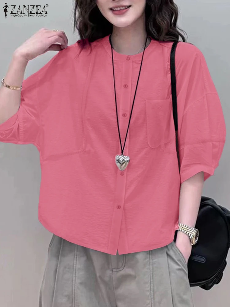 ZANZEA Street แฟชั่นขนาดใหญ่เสื้อผู้หญิงหลวม 3/4 แขนยาวรอบคอปุ่ม Chemise ฤดูร้อน Spliced Tops