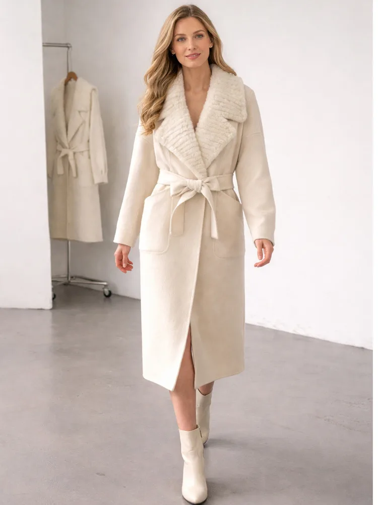 ONEXWEN Brown Women Oversized Long Double Sided Wool Overcoat Plush Curly Bow Belt Waist Casual Elegant Winter Ladies Coat RU64