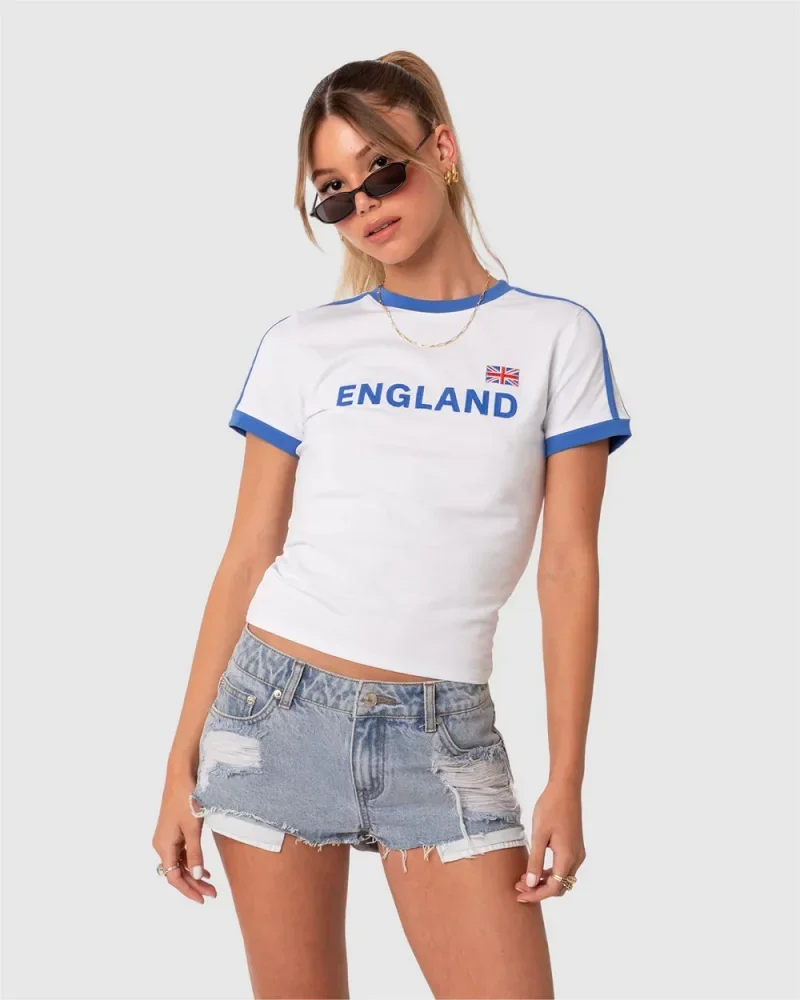 New Summer Y2K Knitted High Street Short Sleeved T-shirt 2024 Summer New High Quality ENGLAND Pattern Fashion Oversized T-shirt