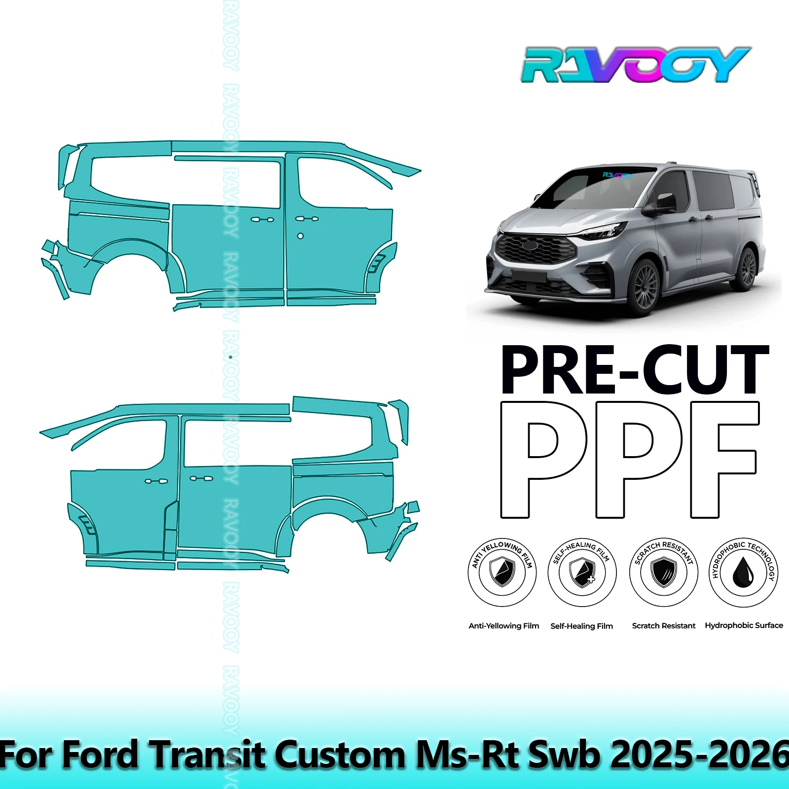 

Для Ford Transit Custom Ms-Rt Swb 2025-2026 8,5 мил Прозрачный матовый комплект предварительно вырезанных дверей PPF и стоек A/B Набор защитных пленки для краски из ТПУ