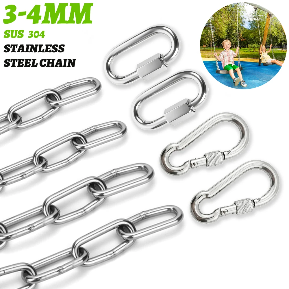 

304 Stainless Steel Chain with Lock Quick Buckle 3/4mm Heavy Duty Rust-proof for Punching Bag/Hanging Chair/Hammock/Swing 1-3M
