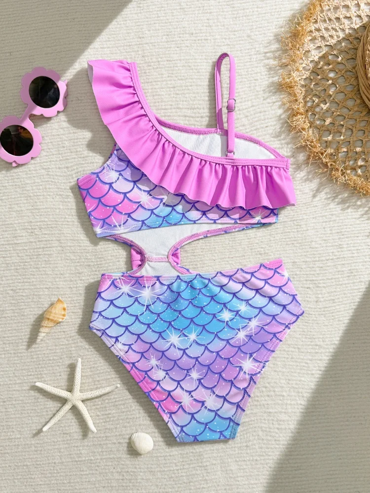 One Piece Girls Kids Swimsuit 2026 New Fish Scale Pattern Ruffle Sling Children Swimwear Summer Bikini Beachwear Bathing Suits