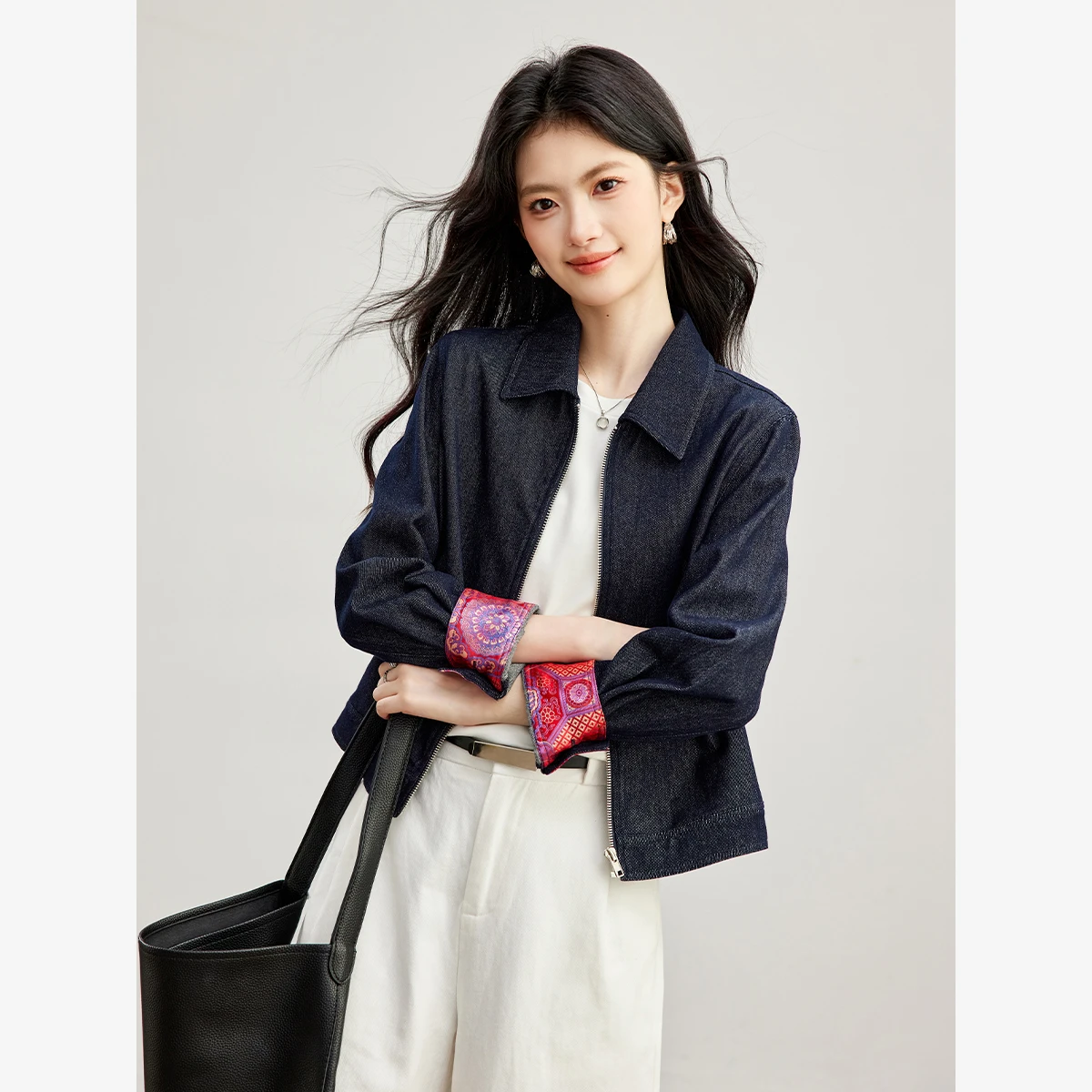 VIMLY Women's Denim Jacket 2026 Autumn Versatile Lapel Zip Color Block Simple Jackets Elegant Fashion Long Sleeve Top A7616