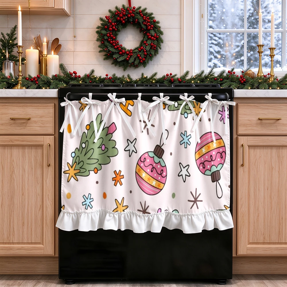 1PC lace up kitchen curtain, ruffled hem, 2D flat Pink Tree Ball Star pattern, cabinet cover curtain, Christmas home decoration