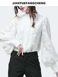 Lantern Sleeve White Lace Shirt Women Autumn New Embossed Floral Blouses Long Sleeve Stand-up collar Fashion Beads Casual Tops