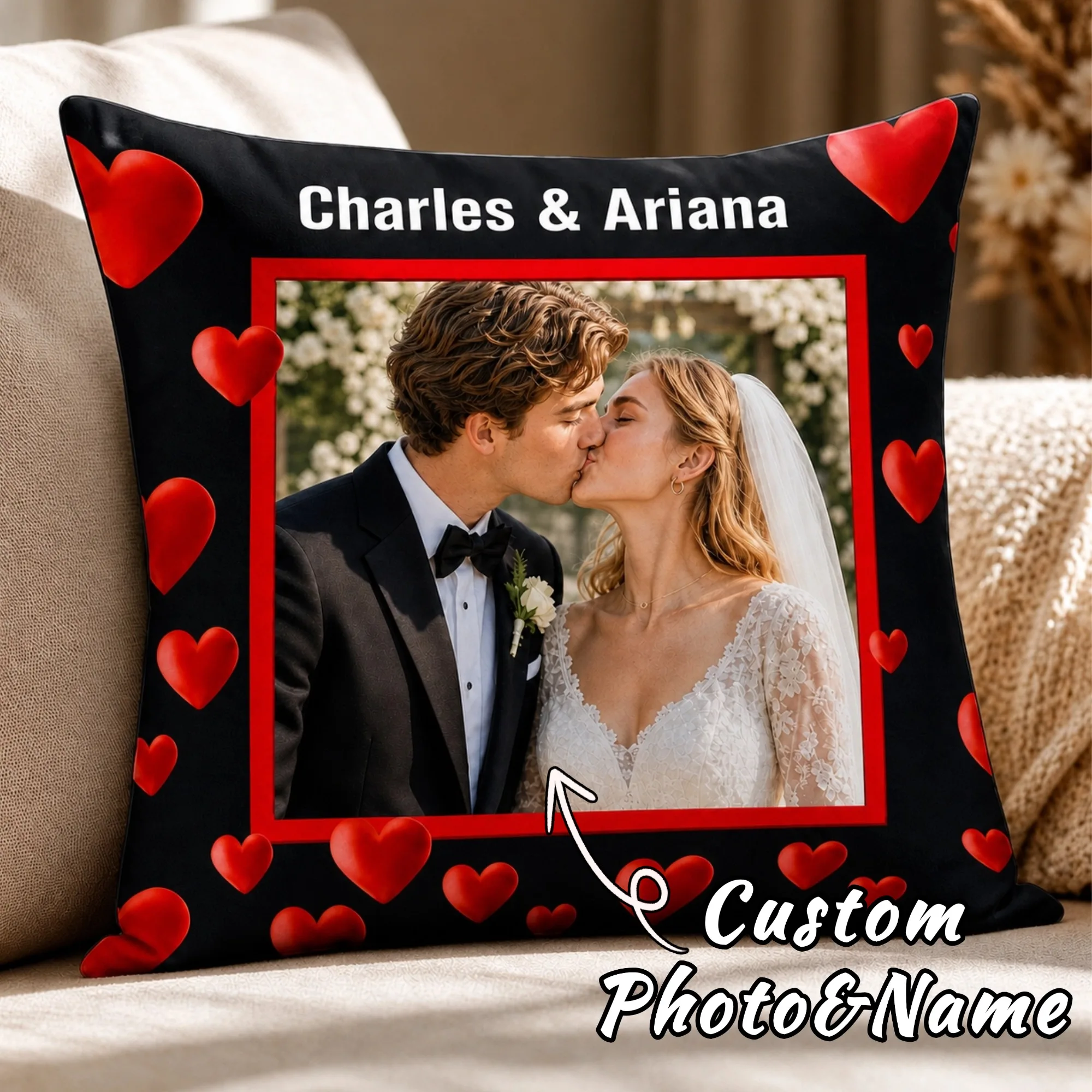 1 oreiller personnalisé avec photo et texte 40x40 45x45cm, impression recto simple, cadeau de mariage ou de Saint-Valentin pour les couples et les mariées