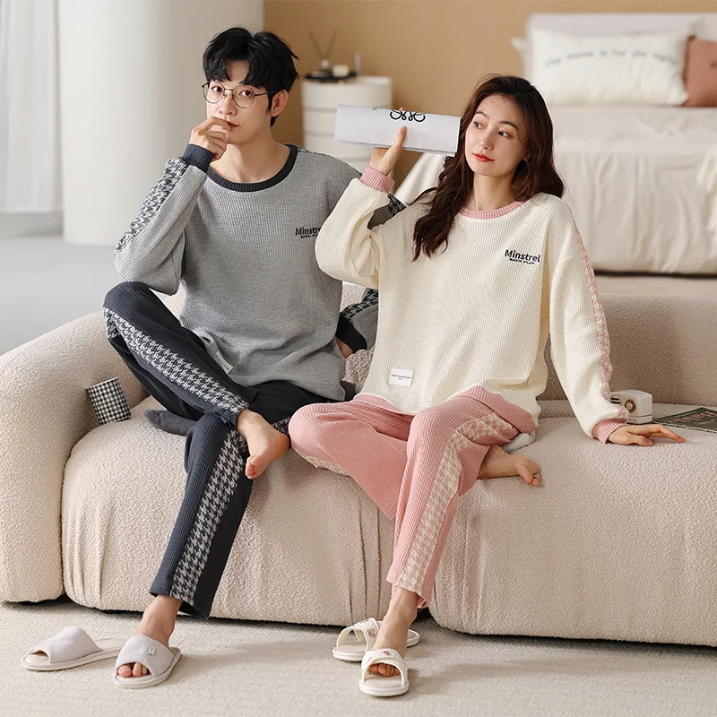 Autumn Spring Cotton Long Sleeve Men Pajamas Set Couple Wome Letter Pyjamas Suit Round Neck Nightwear For Lovers pareja hombre