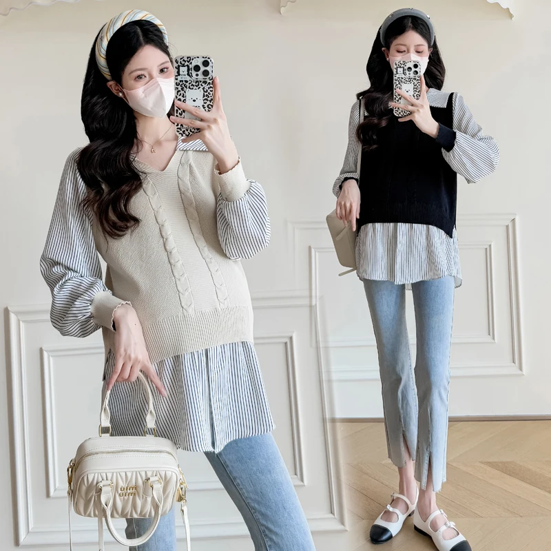 25SS Spring Korean Fashion Cute Maternity Shirt Striped Ruffle Patchwork Knitted Blouses Tops for Pregnant Women Youth Pregnancy