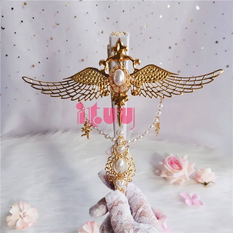 Lolita Vintage Harajuku Style Cosplay Hand-Held Fans Stage Show Photobooth Prop Gorgeous Gem Pearl Angel Wings Folding Fan