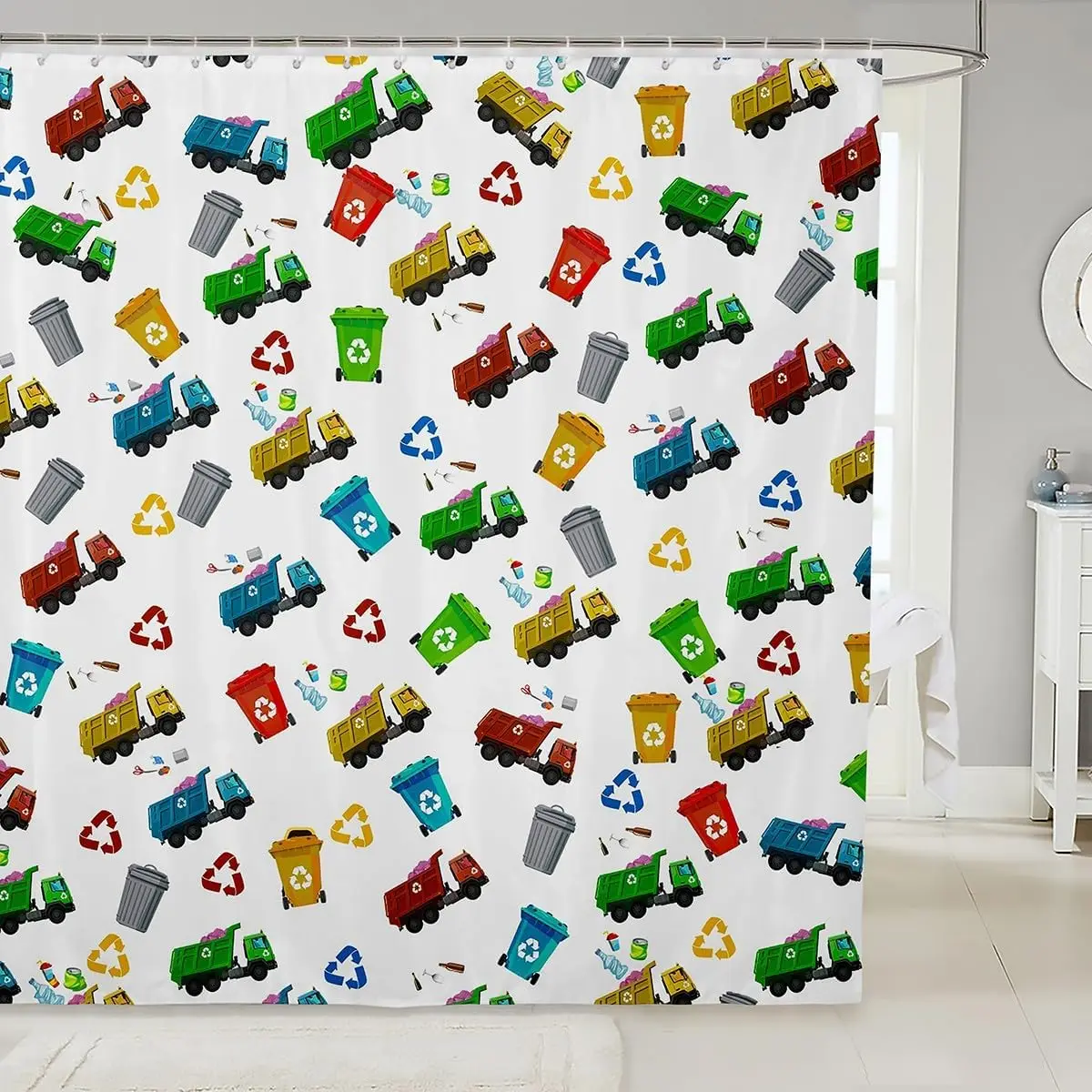 

Garbage Truck Kids Shower Curtains,Cartoon Trash Truck Transport Vehicles Bathroom Curtains for Boys Girls Adults,Trash Can Chic