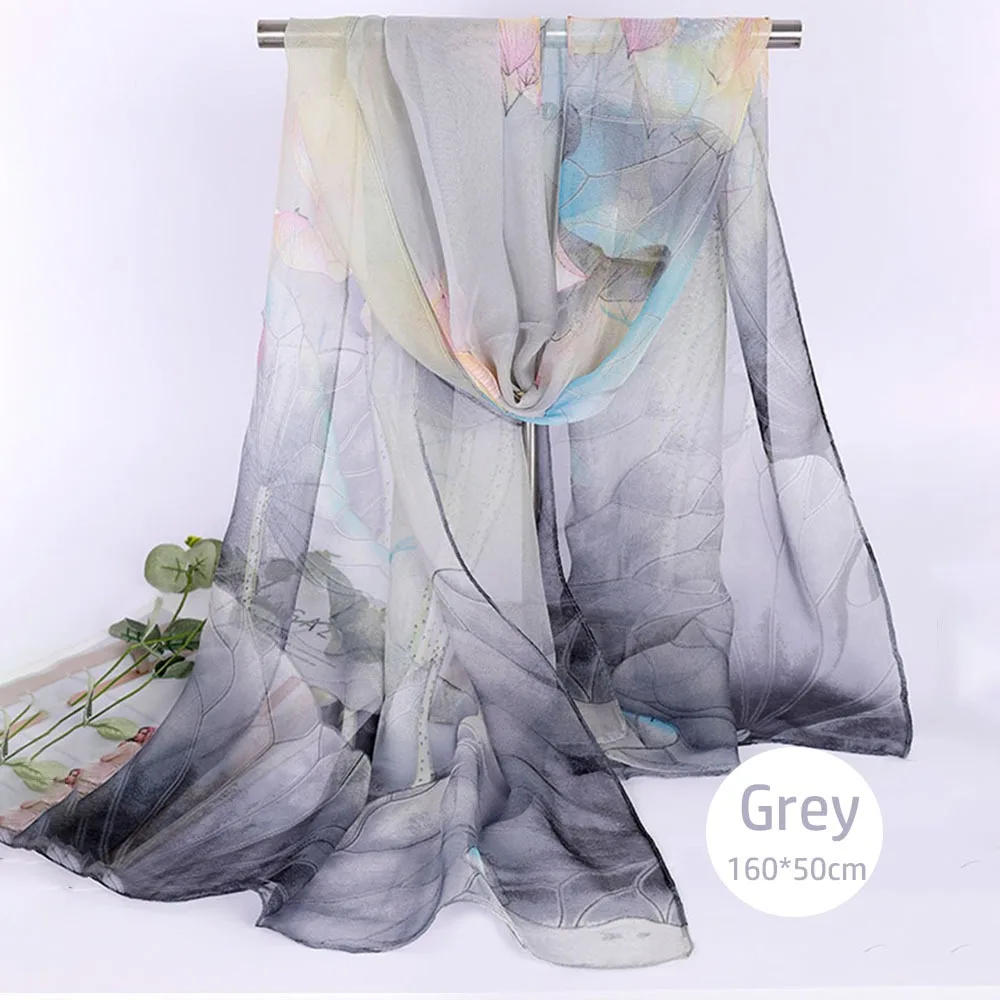 

Fashion Floral Printing Silk Scarf Smooth Breathable Women Foulard Lotus Leaf Long Wraps Women