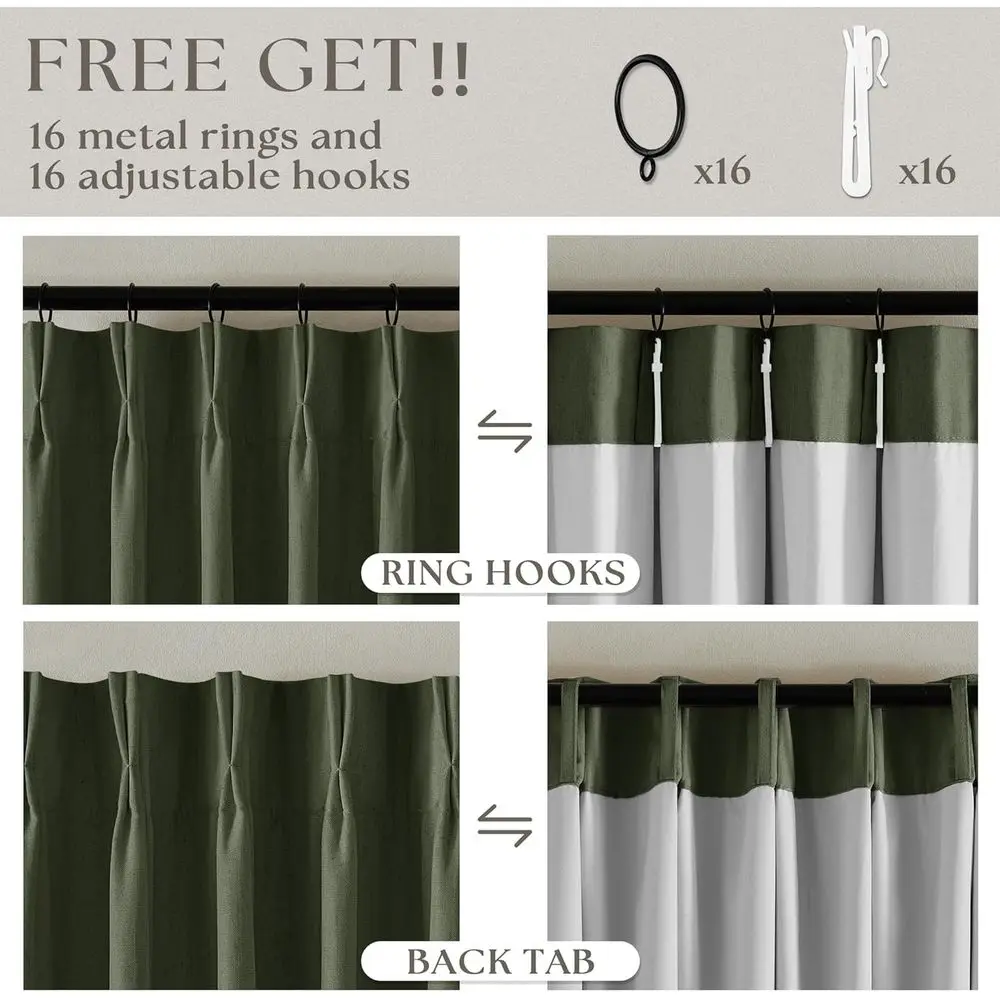 96 Double Layer Olive Green Pinch Pleat Blackout Curtains with Ring Hooks for Bedroom and Living Room
