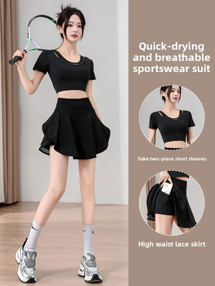 

Women's Summer Casual Short Sleeve Running Fitness Clothes Set Tennis Skirt Quick Dry Fashion Yoga Sports Kit Nylon Spandex