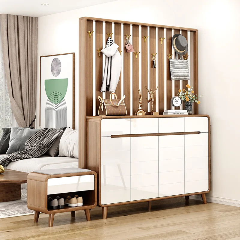 Large-capacity multi-functional locker at the door of the home, integrated with a solid wood frame seat