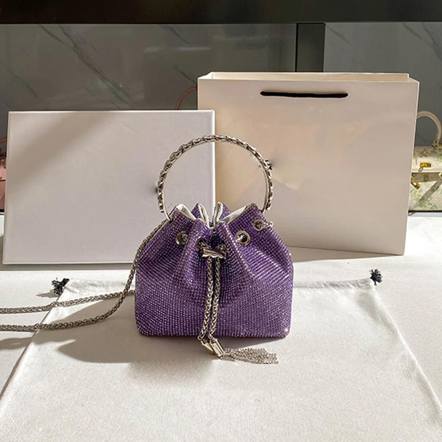 

Luxury Round Handle Rhinestones Evening Bag Designer Handbag Chains Shoulder Bag Shiny Crystal Clutch Purse Tassel Bucket Bags