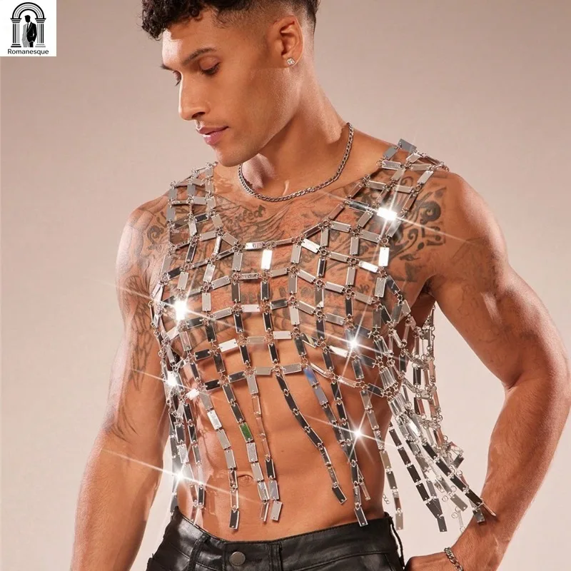 Men's Shiny Rhinestone Metal Chain Hollow Vest Sexy Mesh Body Top Night Party Bar Stage Outfit Festival Rave Men Clothing