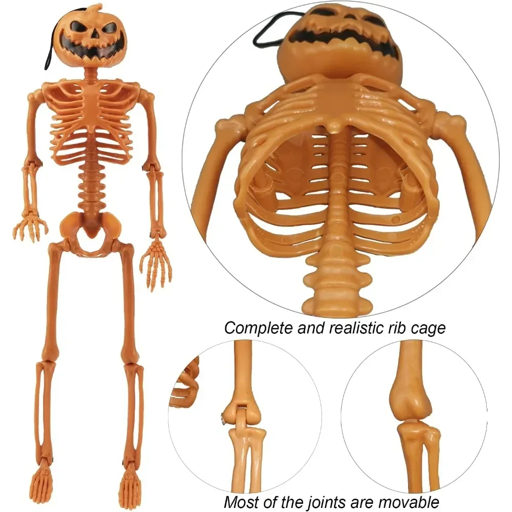 오렌지 호박 해골 마네킹 할로윈 장식 인간 모델, 소름 끼치는 호박 머리 해골 뼈 파티 홈 장식 소품, 90cm