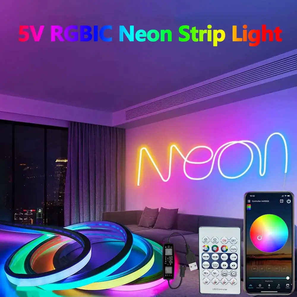 Neon LED Light Strip Bluetooth Neon Strip Light Silicone Rope Lights Flexible Silicone Set Tape for Indoors Outdoors Decoration