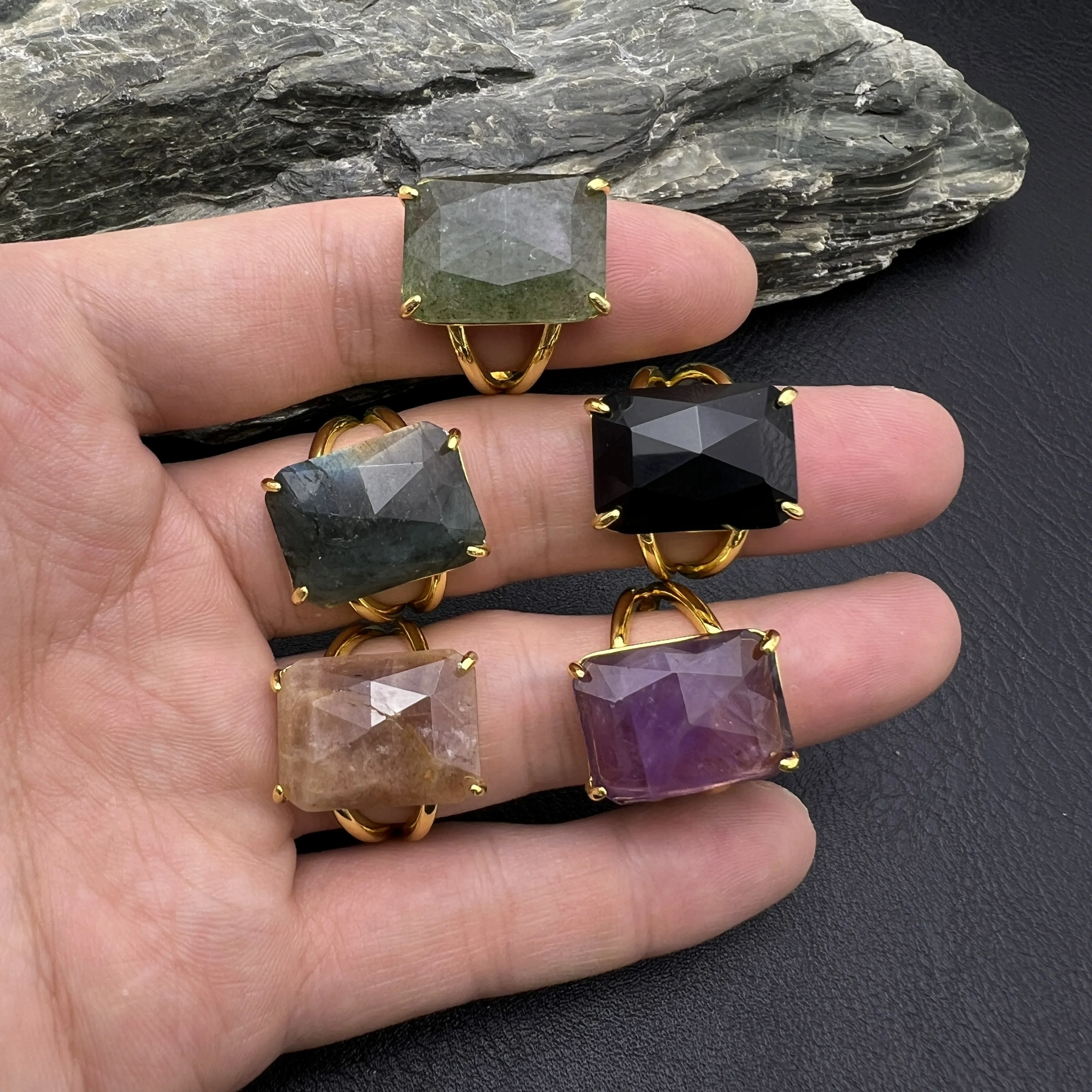 

10PCS Pure Gold Color Plated Rectangle Natural Stone Labradorite Amethysts Sunstone Onyx Rings For Women