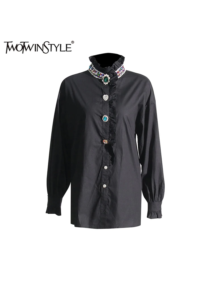 TWOTWINSTYLE Patchwork Diamonds Chic Shirts For Women Lapel Long Sleeve Spliced Single Breasted Casual  Blouse Female Fashion