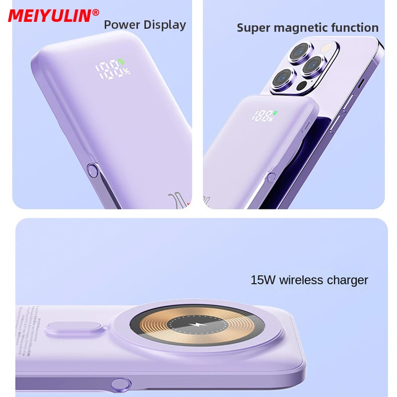 MEIYULIN 10000mAh Magnetic Power Bank 15W Wireless Fast Charging For iPhone 14 Samsung Folding Stand External Battery Powerbank