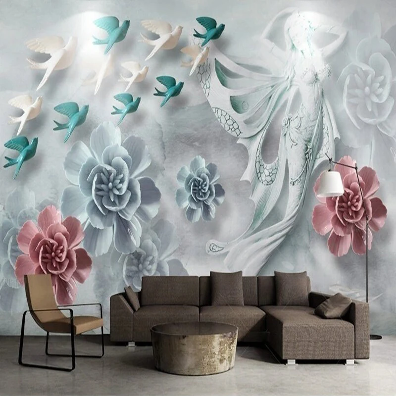 

Скандинавский современный и простой 3D стереоскопический рельеф цветущих цветов, цветов, фей, ТВ, роскошный домашний фон, настенная живопись