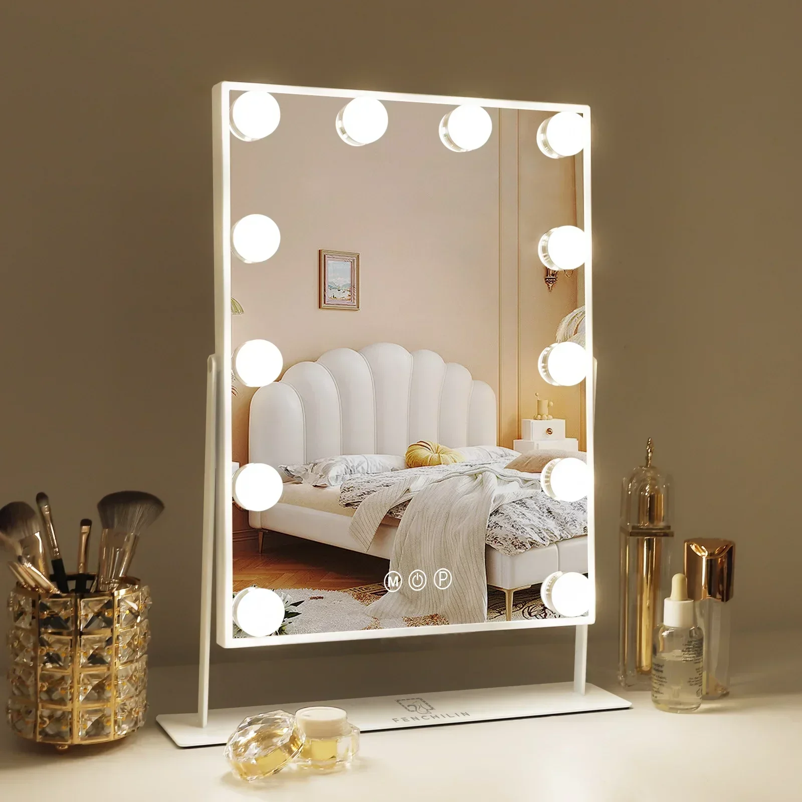 Hollywood Vanity Makeup Mirror With Lights 12 Dimmable Bulbs LED Lighted 360 Rotation 3 Color Mode Smart Touch Control Mirrors