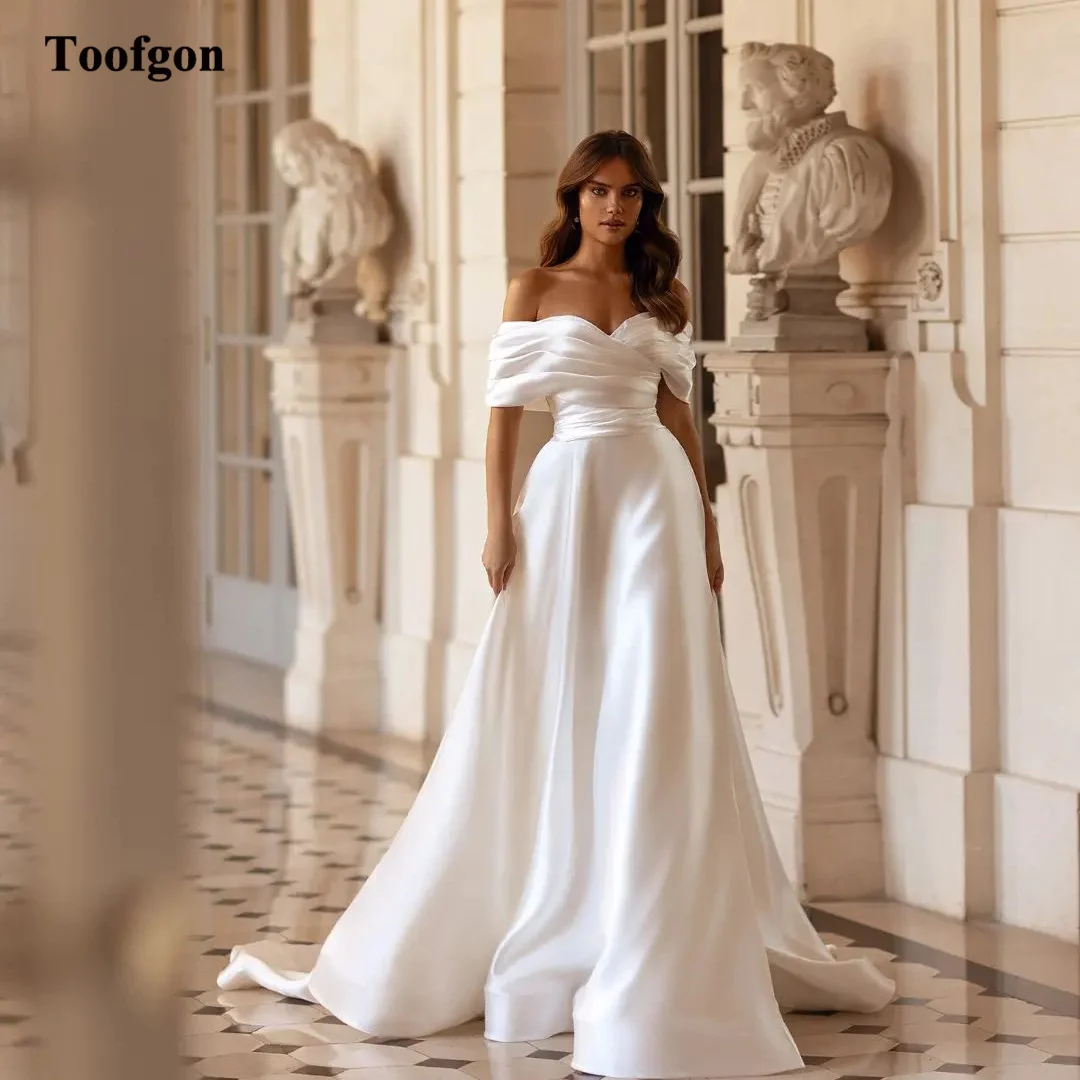 Toofgon A Line Satin Bride Dresses For Wedding Off The Shoulder Pleat Lace Up Back Sweep Train Princess Formal Bridal Gowns