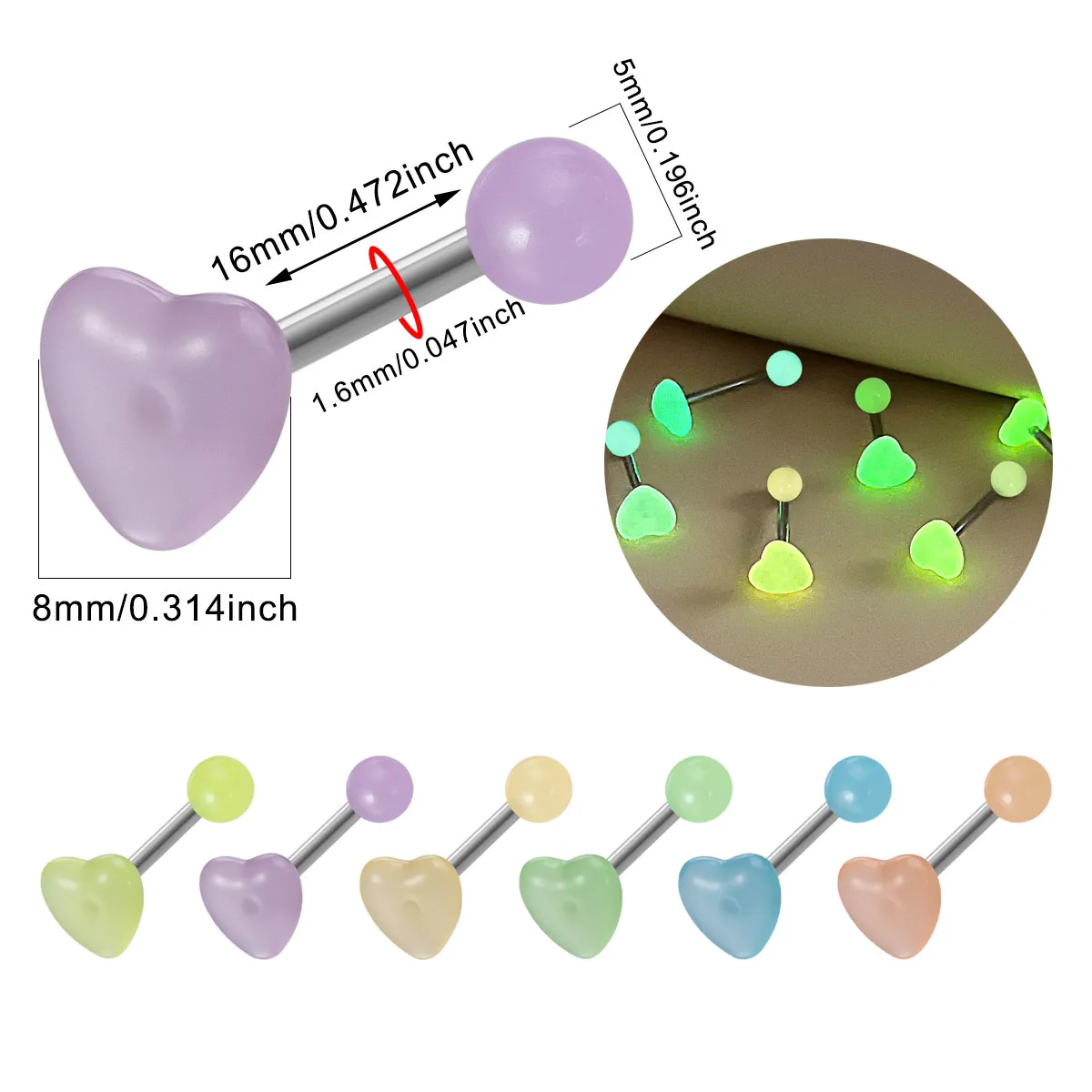 6 قطعة القلب الاكريليك متوهجة حلقة اللسان الحديد 316L الفولاذ المقاوم للصدأ بار ثقب اللسان مجوهرات للجسم 14 جرام #5