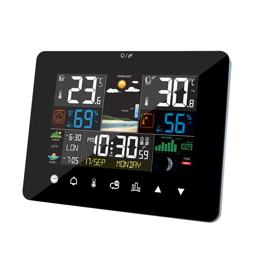 【ساخن】محطة الطقس المنبه ميزان الحرارة الرطوبة شاشة تعمل باللمس الاستشعار اللاسلكي شروق الشمس غروب الشمس الرطوبة