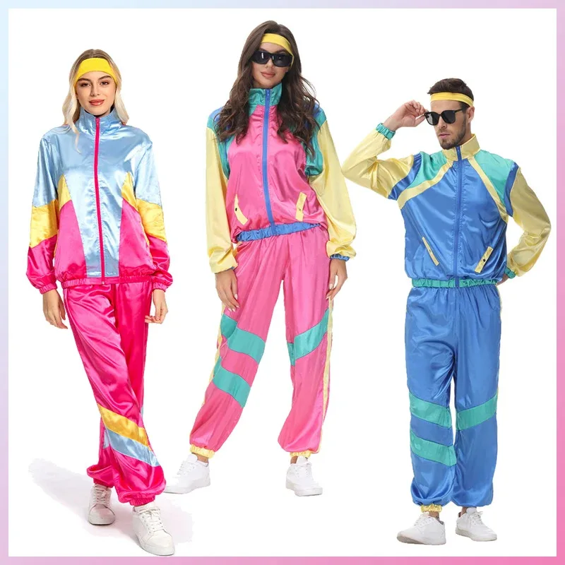 الوردي النساء ملابس رياضية سترة السراويل عقال وتتسابق 80s 90s ريترو خمر تأثيري قطعتين سترة واقية مجموعة هالوين بدلة الحفلات