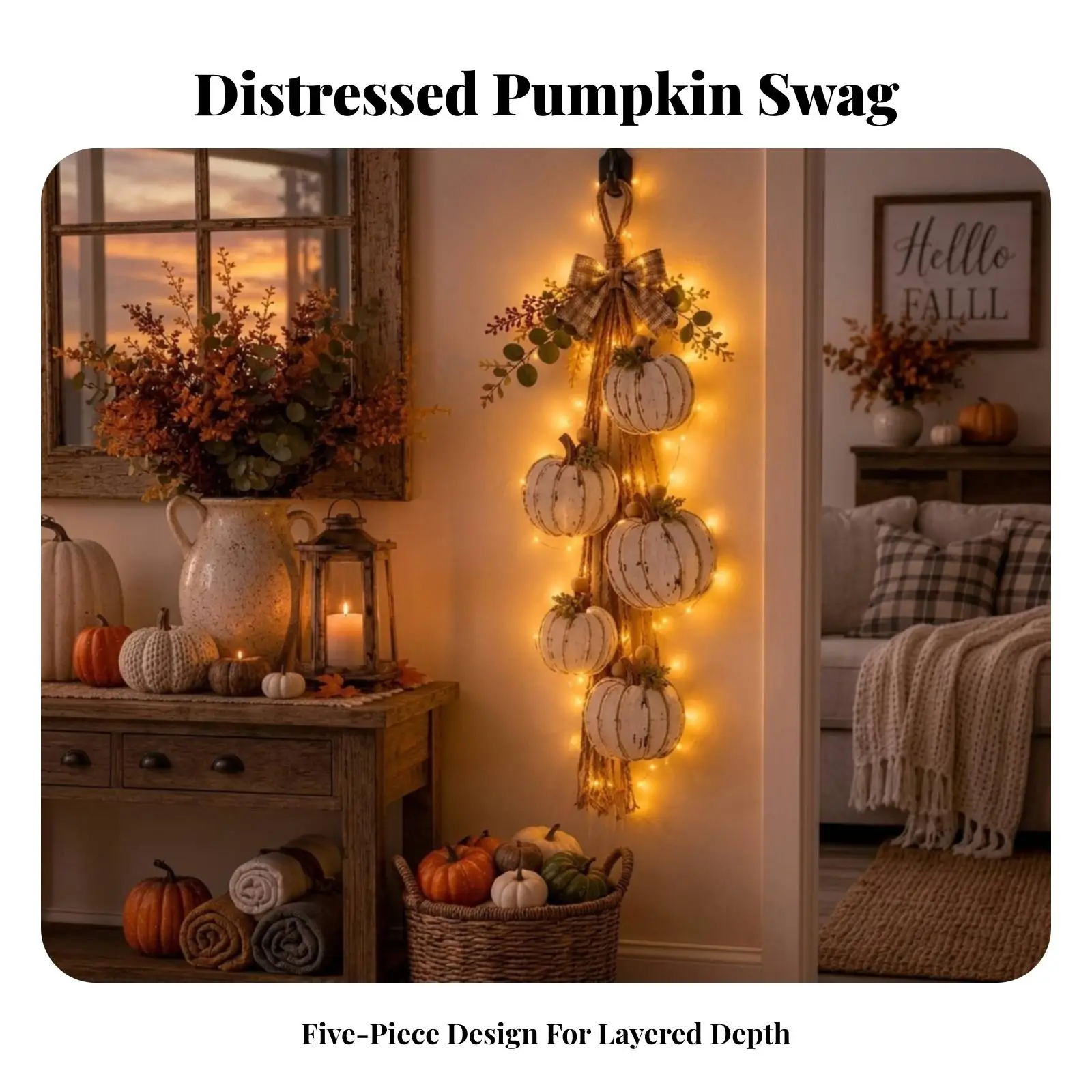 Rustic Lighted Pumpkin Swag with Black Fiber Design for Halloween Wall Door Decor Autumn Home Ornament