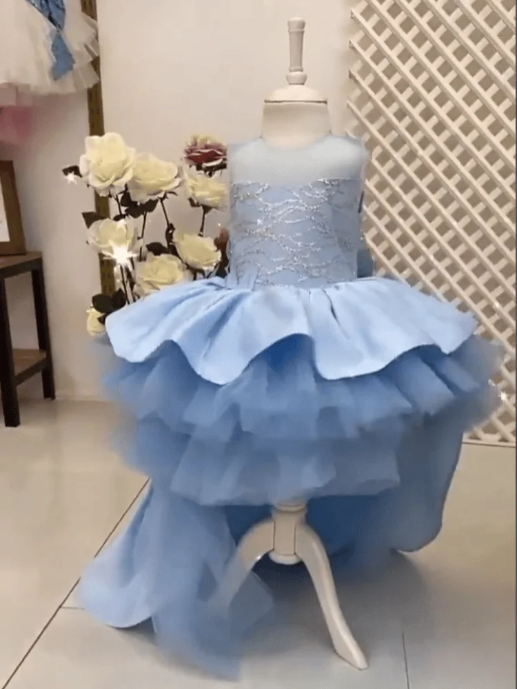 Customized Flower Girl Dress Light Blue Sleeveless Embroidery Sheer V‑Back Big Bow Train Ruffle Tulle Birthday Pageant Gown