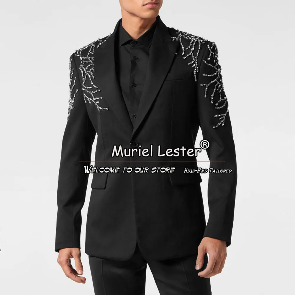 

Luxury Beaded Men Suits Glitter Crystald Wedding Groom Tuxedo 2 Pieces Sets Dinner Prom Male Party Blazer Slim Trajes De Hombre