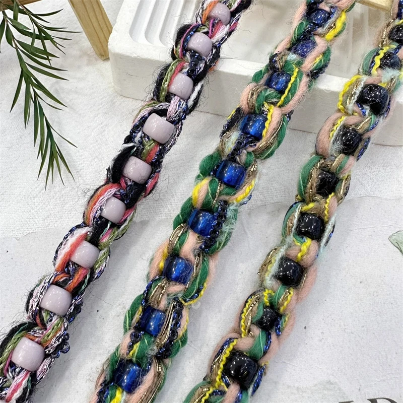 New High-end Handmade Bead Woven Ribbon Coarse Tweed Lace Handmade DIY Clothing Outerwear Edging Accessories De Costura Webbing