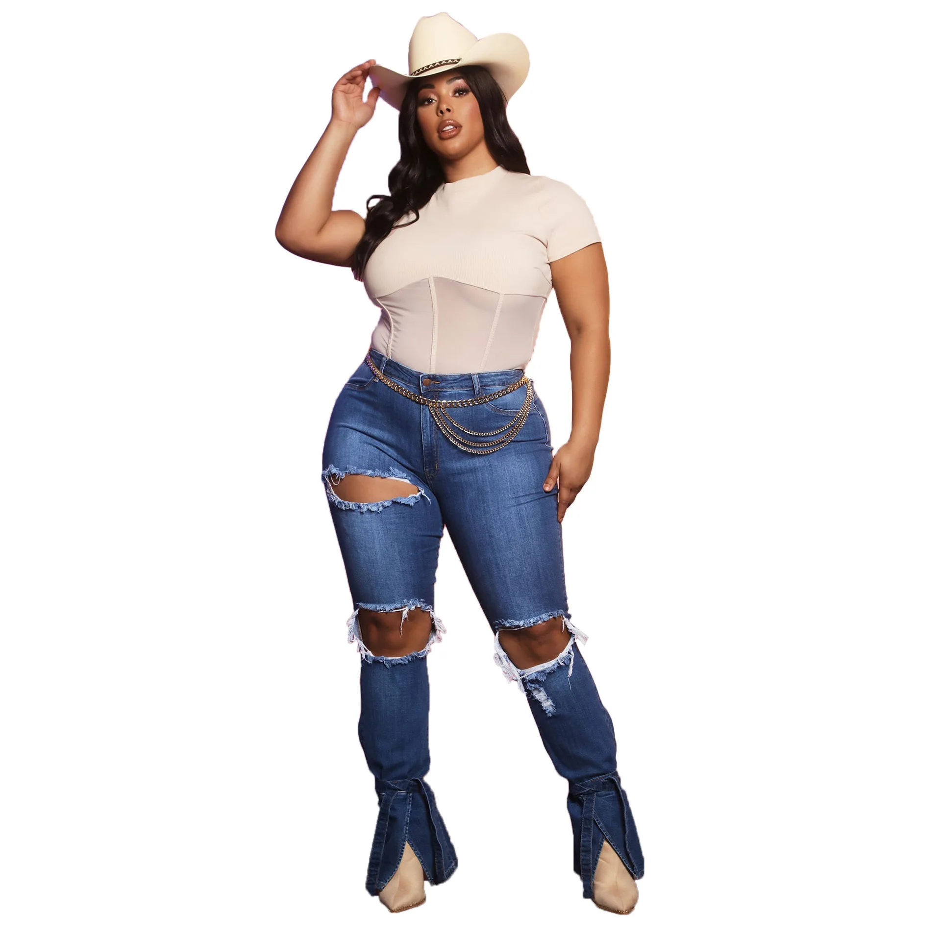 

new fashion denim slim and thin spray white ripped micro-horn slit jeans