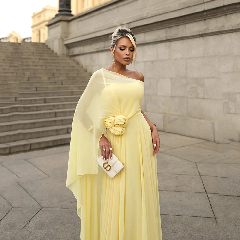 

Msikoods Yellow Evening Dresses 2025 Chiffon 3D Flower Cape Sleeve Gala Party Dress Floor Length Women Prom Dress Customized