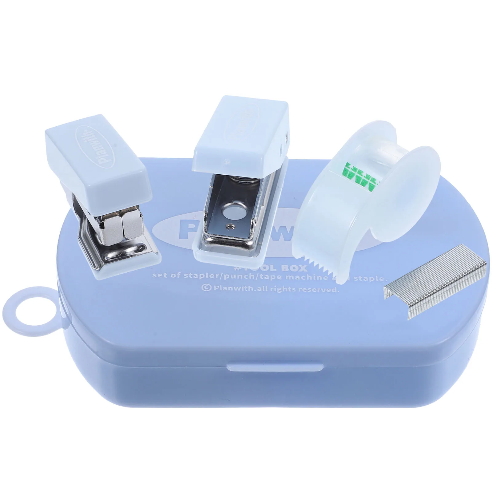 

Hand Tool Box Small Stapler Punch Hole Blue Metal Tape Dispenser for Kids Student