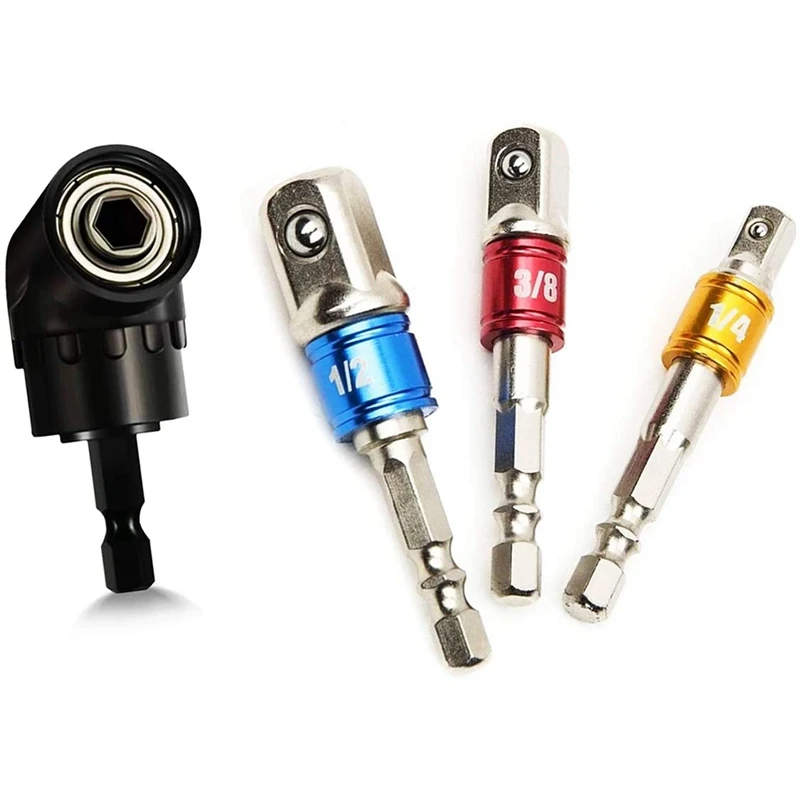 3 PCS 1/4Inch 3/8Inch 1/2Inch Impact Drill Socket Adapter Extension Set + 105° Right Angle Drill Bit Extension Adapter