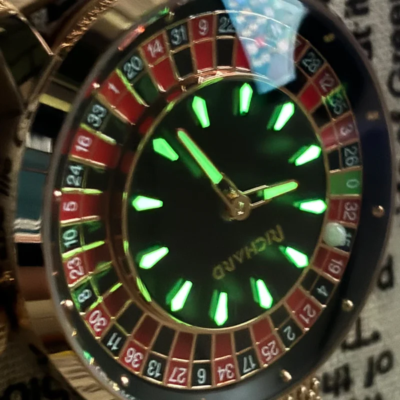 RiChat nuovo orologio meccanico NH35 quadrante rotante Las Vegas Roulette tema Desktop orologio automatico da uomo lancette luminose con diamanti