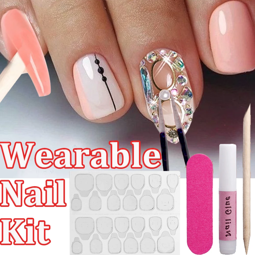 Draagbare Nagelset 24 Stuks Gele Gelei Lijm Nagelvijl Oranje Hout Stok Lijm Natuurlijke Volledige Dekking Nep Nagels Set Manicure Tools