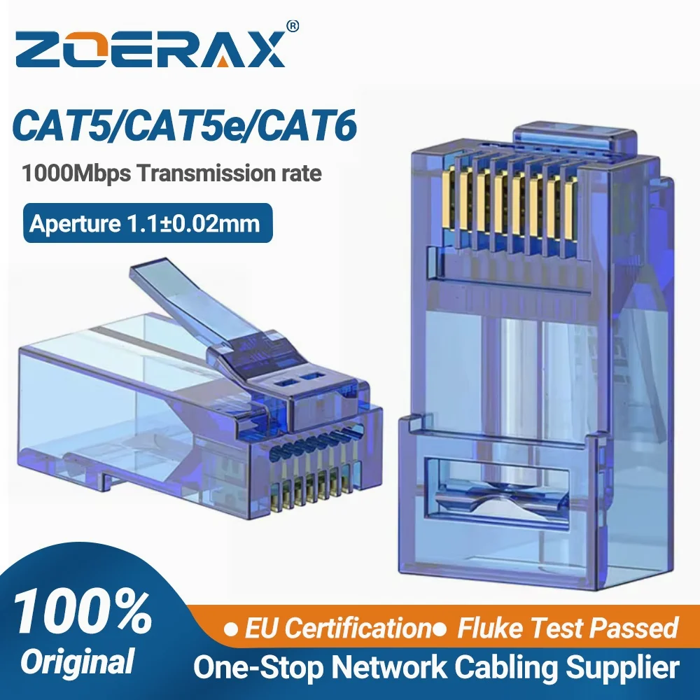ZoeRax 100PCS CAT6 RJ45 Connectors Pass Through, Cat6 Ends 8P8C Modular Plug CAT6 CAT5E CAT5 Solid or Stranded UTP Network Cable