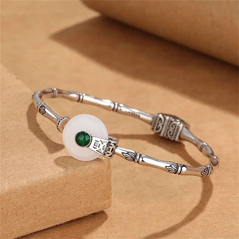 Temperament Jade Safety Buckle Bangle Women Jewelry Retro Bamboo Joint Coins Design Female Hand Accessories