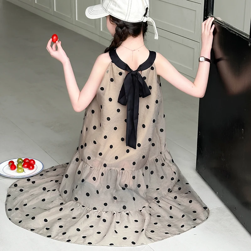 2025 Summer New Girl's Sleeveless Black polka dot Castle Princess Dress Night Children's Party Dress Long Skirt