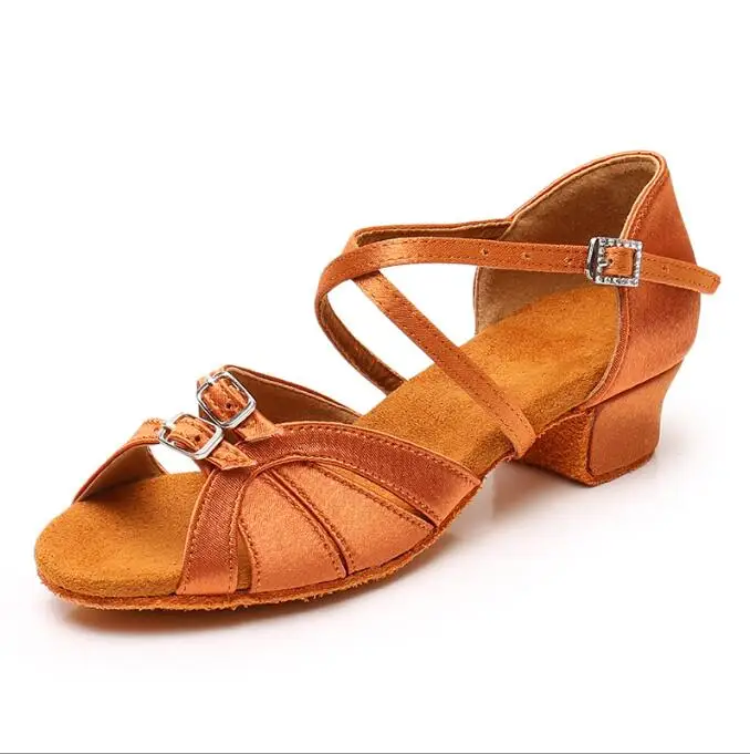 Chaussures de danse pour enfants en cuir PU Satin chaussures de danse à semelles souples et à talons mi-hauts pour femmes chaussures d'entraînement de danse d'été pour débutants