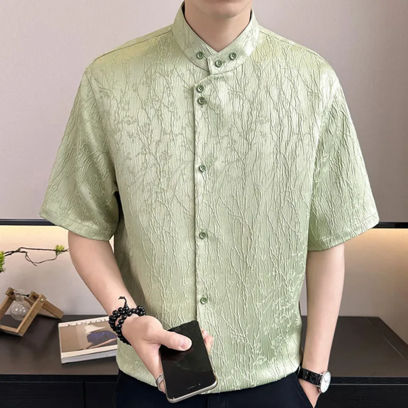 

2024 Summer New Chinese Style Jacquard Stand Up Collar Medium Sleeved Shirt Retro Shirt Casual Tuxedo Fashion Man Social Shirts