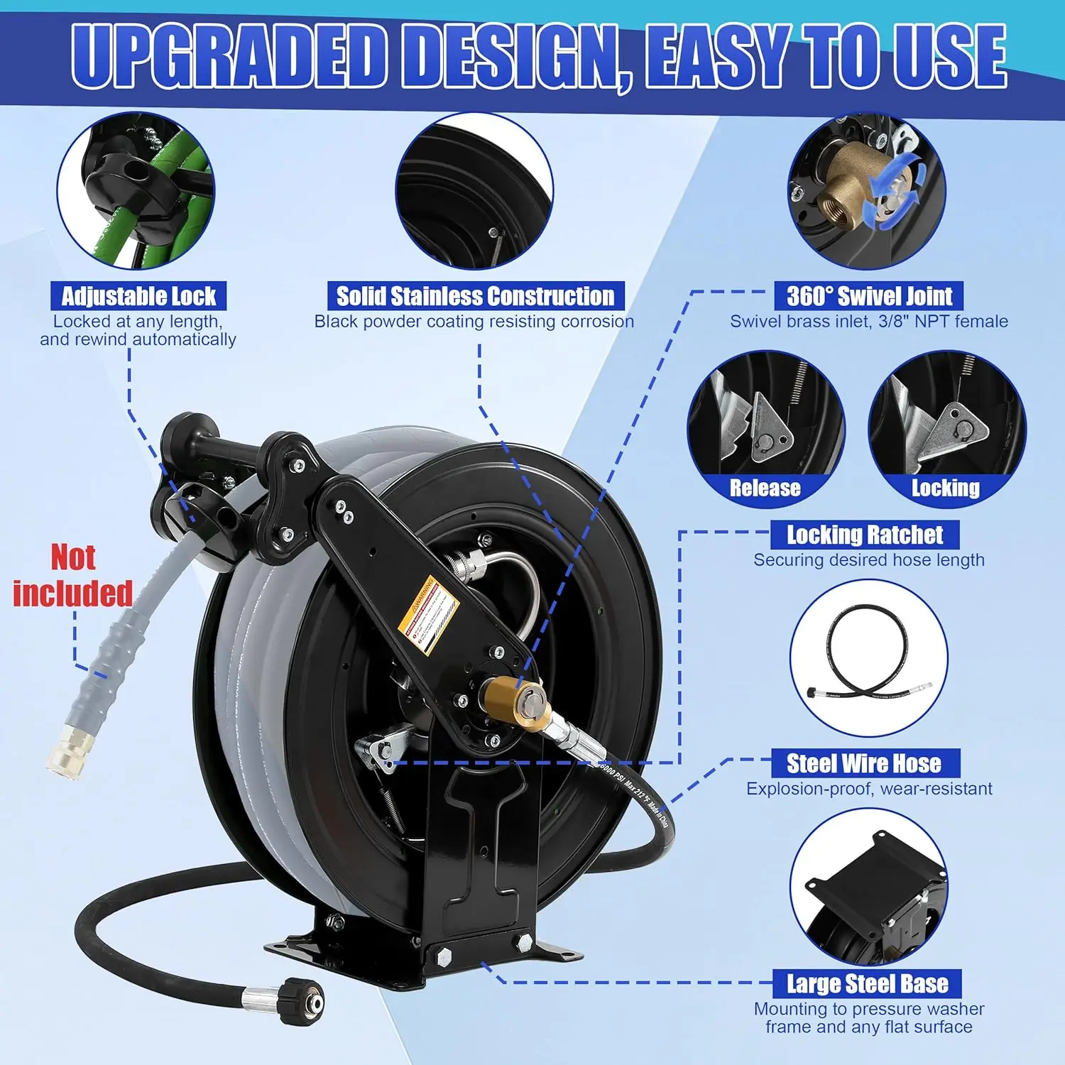 High Pressure Washer Hose Reel for Water/Air/Oil, 3/8