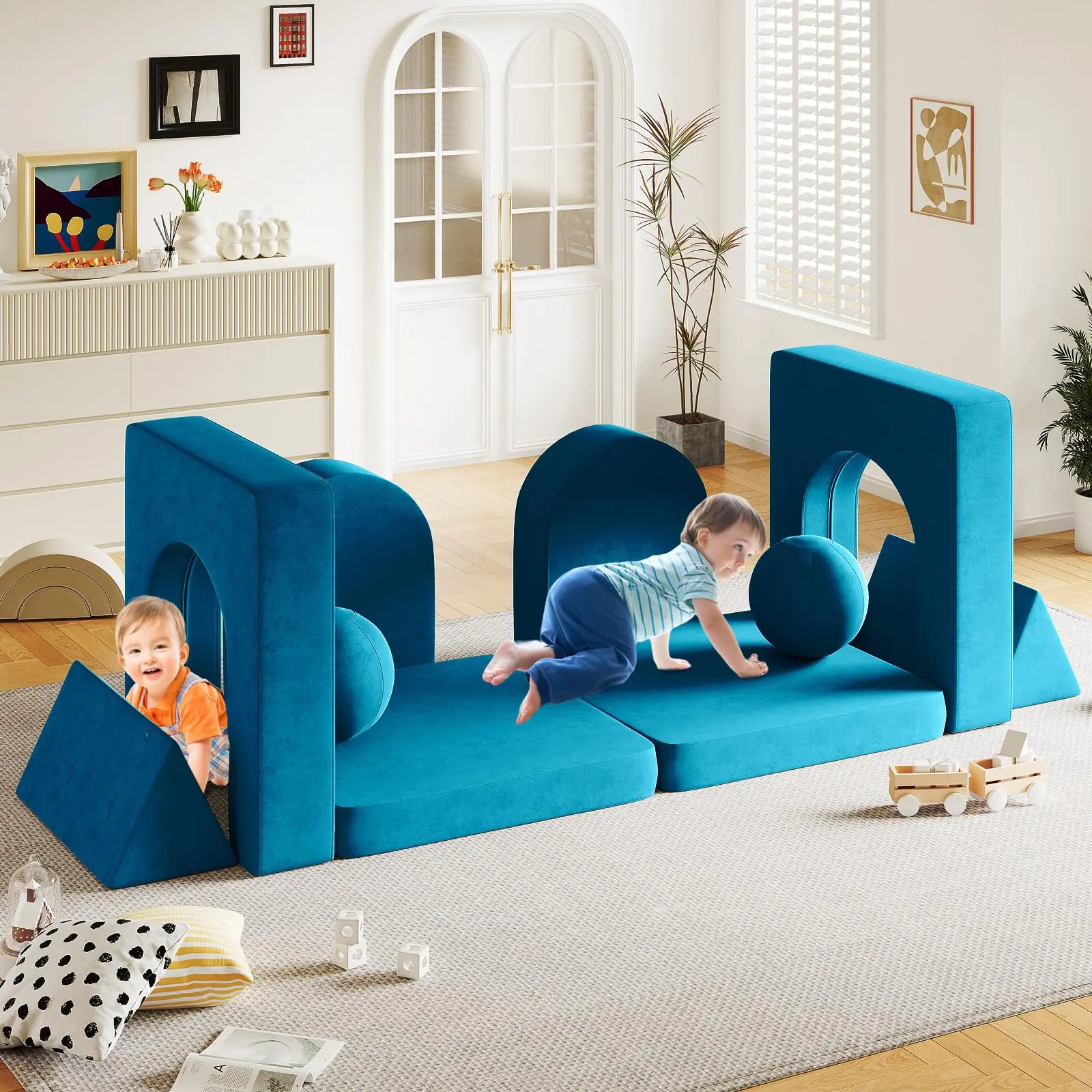 Creative Children's Foam Sofa with Spherical Modules and Tunnel Elements Foldable children's Couch 9pcs Toddler Sofa for Bedroom